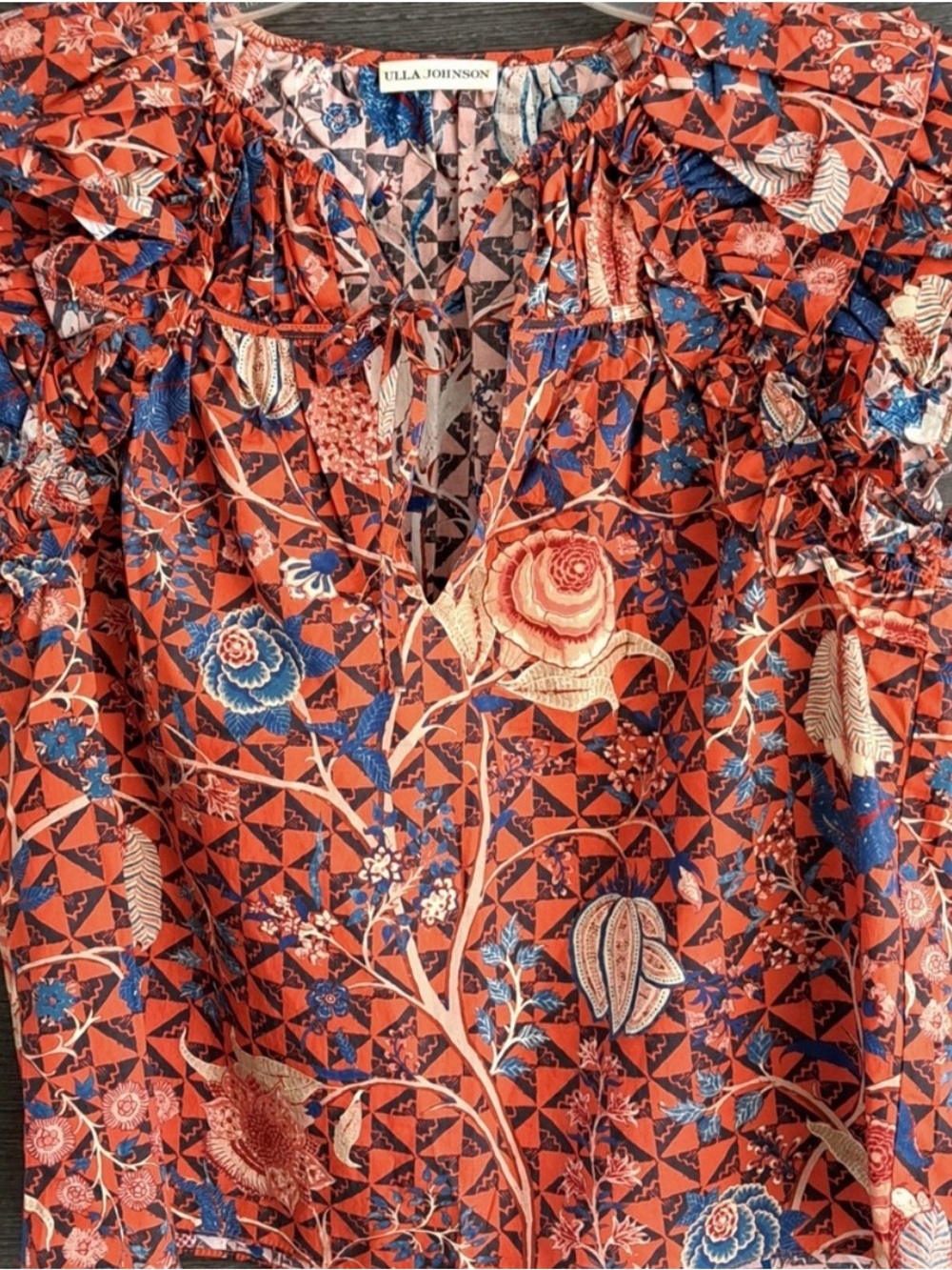 Ulla Johnson Rust Floral Smocked Yoke Blouse with Blue and Cream Accents